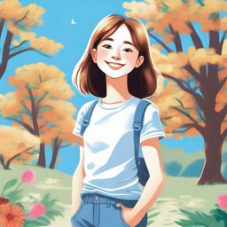 A detailed illustration of a young girl with a cheerful expression, wearing a casual outfit and standing in a vibrant, sunny park