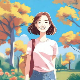 A detailed illustration of a young girl with a cheerful expression, wearing a casual outfit and standing in a vibrant, sunny park