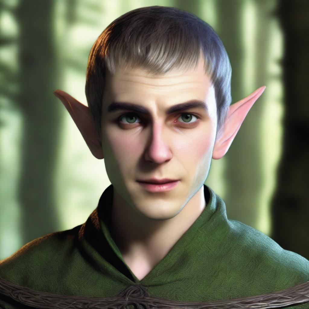 An elf with a bandage over his left eye, short hair, and a stern expression