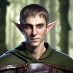 An elf with a bandage over his left eye, short hair, and a stern expression