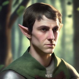 An elf with a bandage over his left eye, short hair, and a stern expression