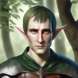 An elf with a bandage over his left eye, short hair, and a stern expression