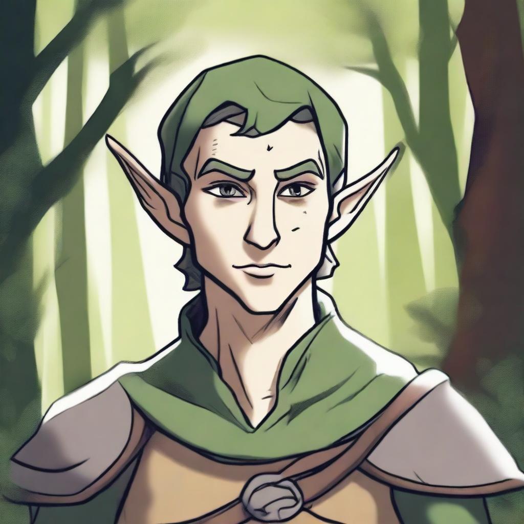 A drawn style image of an elf with a bandage over his left eye, short hair, and a stern expression