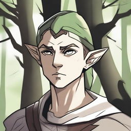 A drawn style image of an elf with a bandage over his left eye, short hair, and a stern expression