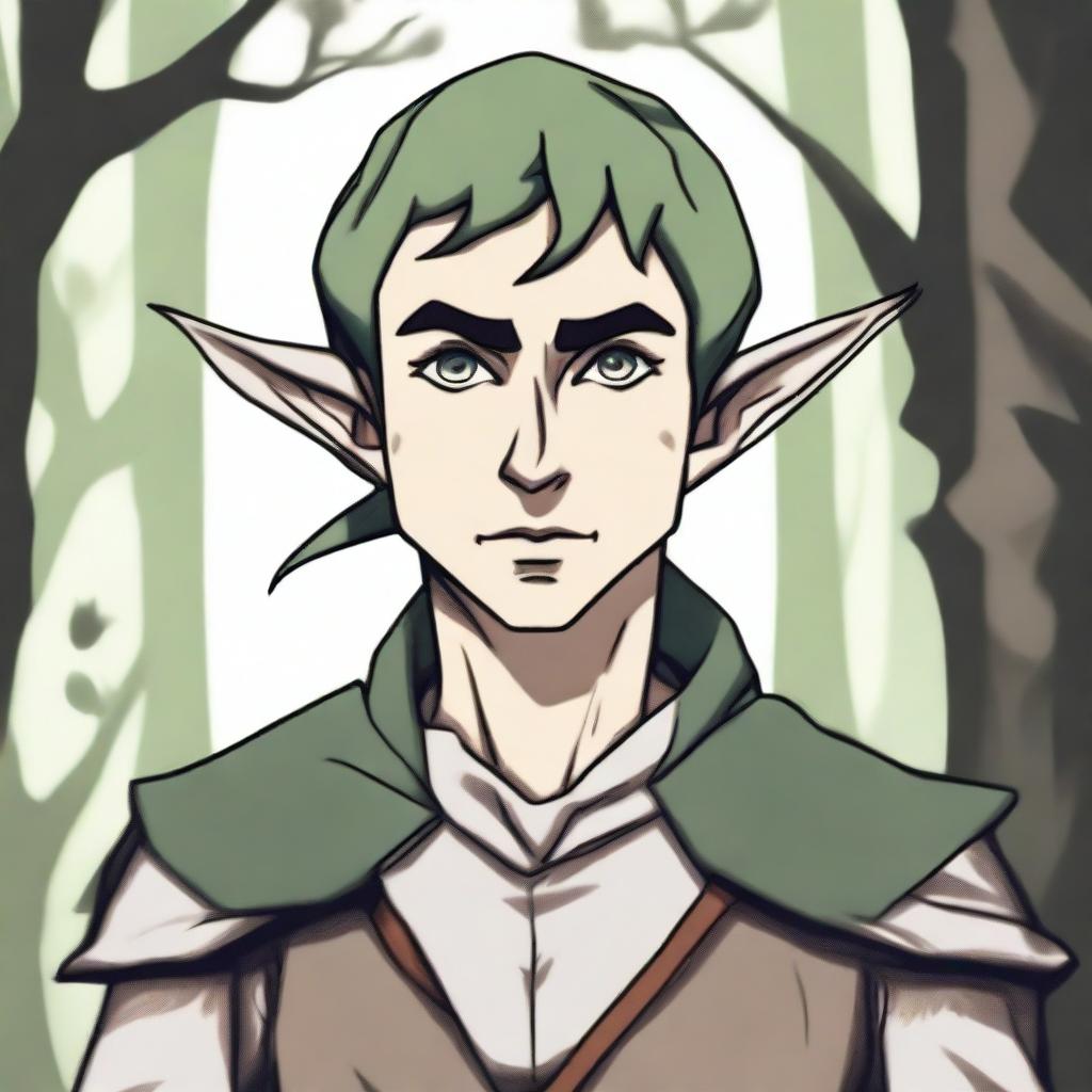 A drawn style image of an elf with a bandage over his left eye, short hair, and a stern expression