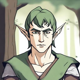 A drawn style image of an elf with a bandage over his left eye, short hair, and a stern expression