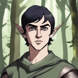 A drawn style image of an elf with a bandage over his left eye, short black hair, and a stern expression