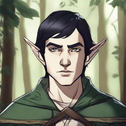 A drawn style image of an elf with a bandage over his left eye, short black hair, and a stern expression