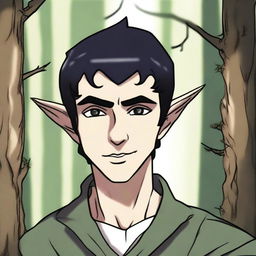 A drawn style image of an elf with a bandage over his left eye, short black hair, and a stern expression