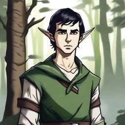 A drawn style image of an elf with a bandage over his left eye, short black hair, and a stern expression