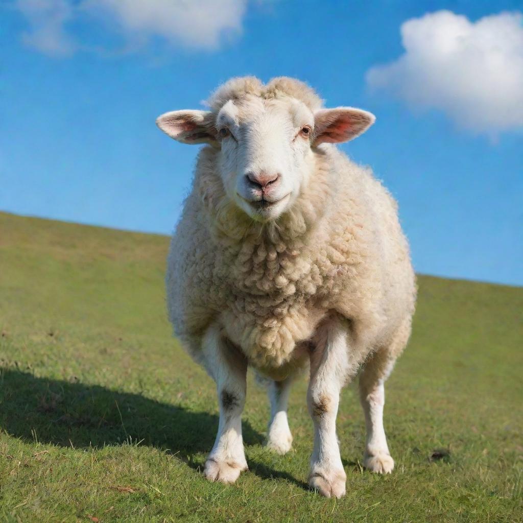 A cute and fluffy sheep bleating on a lush green hill under a clear blue sky