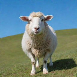 A cute and fluffy sheep bleating on a lush green hill under a clear blue sky