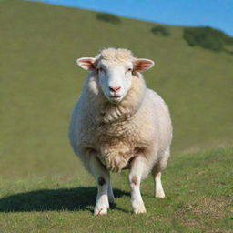 A cute and fluffy sheep bleating on a lush green hill under a clear blue sky