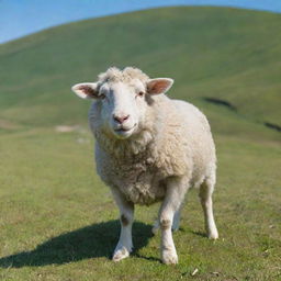 A cute and fluffy sheep bleating on a lush green hill under a clear blue sky