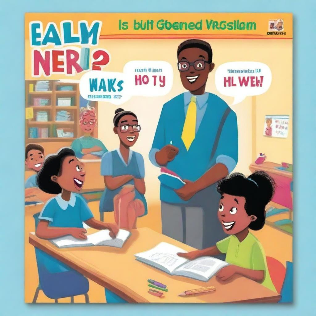 A vibrant book cover depicting a classroom scene where a teacher asks a question to a student