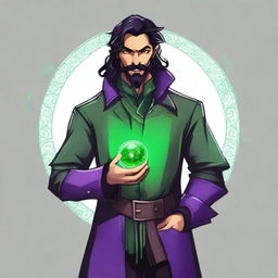 A half-elf warlock with shoulder-length black hair, a moustache, and a beard on the chin