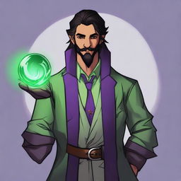 A half-elf warlock with shoulder-length black hair, a moustache, and a beard on the chin