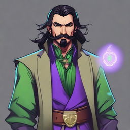 A half-elf warlock with shoulder-length black hair, a moustache, and a beard on the chin