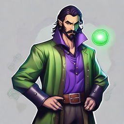 A half-elf warlock with shoulder-length black hair, a moustache, and a beard on the chin