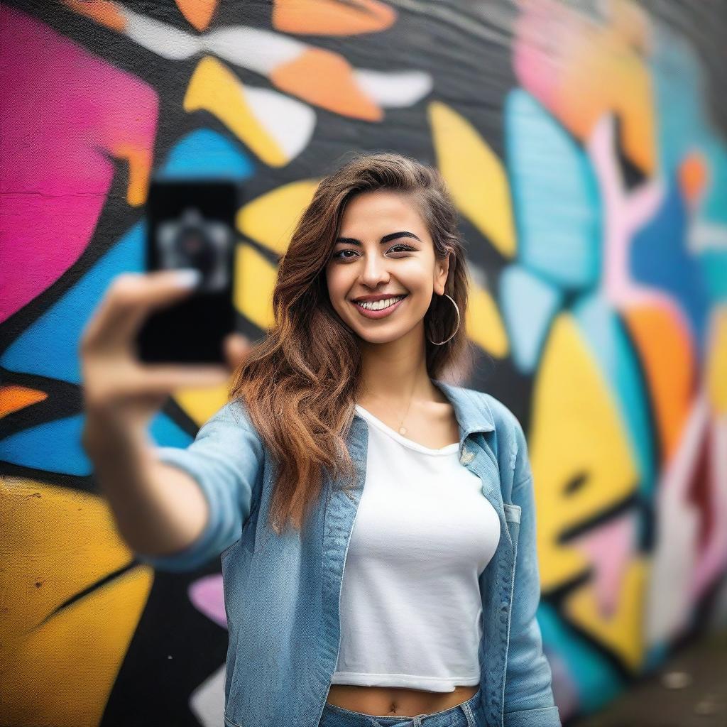 A young woman taking selfies with a smartphone, smiling and posing