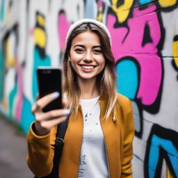 A young woman taking selfies with a smartphone, smiling and posing