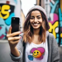 A young woman taking selfies with a smartphone, smiling and posing