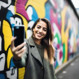 A young woman taking selfies with a smartphone, smiling and posing