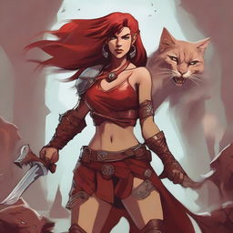 A female character from Dungeons and Dragons, of the Goliath race and Barbarian class, known as the Red Fury