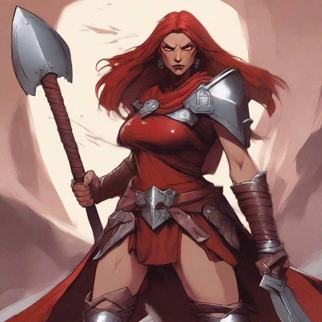 A giant female character from Dungeons and Dragons, of the Goliath race and Barbarian class, known as the Red Fury