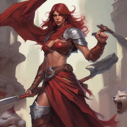 A giant female character from Dungeons and Dragons, of the Goliath race and Barbarian class, known as the Red Fury