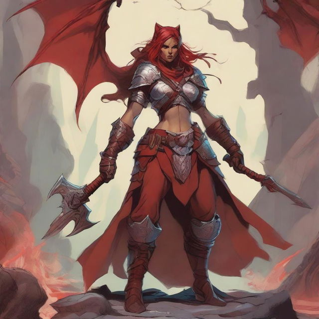 A giant female character from Dungeons and Dragons, of the Goliath race and Barbarian class, known as the Red Fury