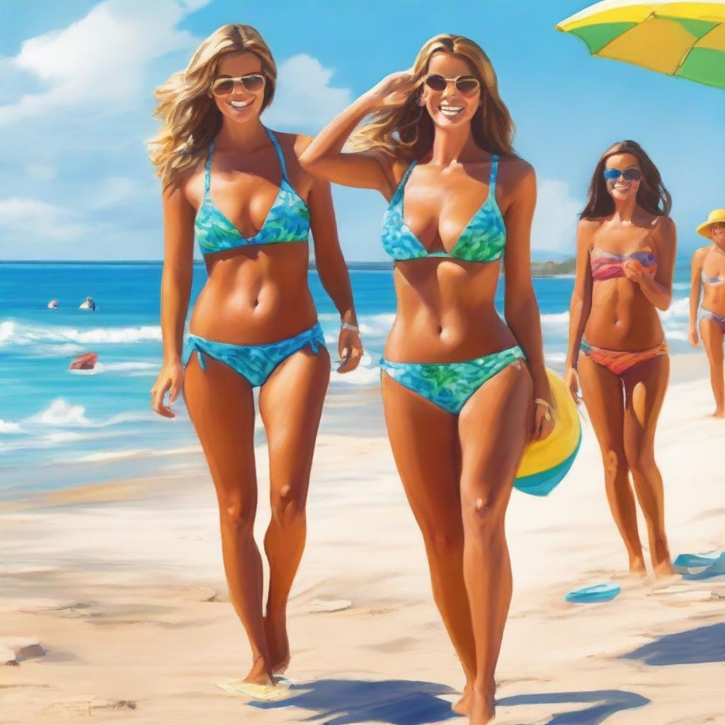 Create an image of attractive women in bikinis enjoying a sunny beach setting