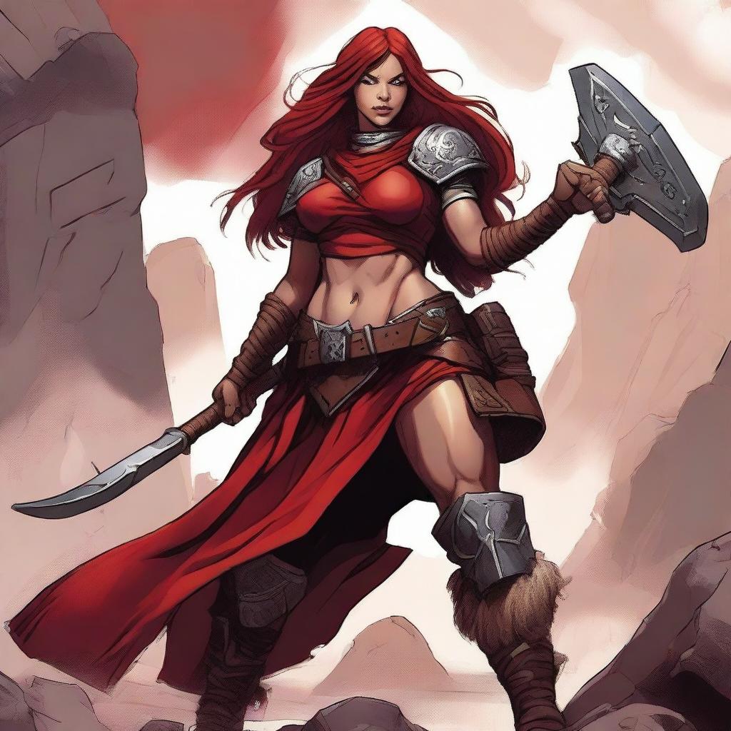 A female character from Dungeons & Dragons, of the giant Goliath race, class barbarian, known as the Red Fury