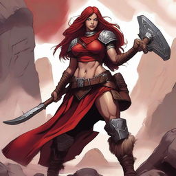 A female character from Dungeons & Dragons, of the giant Goliath race, class barbarian, known as the Red Fury