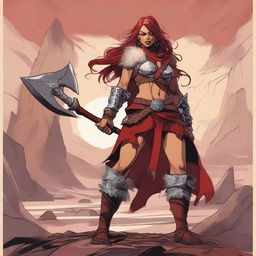 A female character from Dungeons & Dragons, of the giant Goliath race, class barbarian, known as the Red Fury