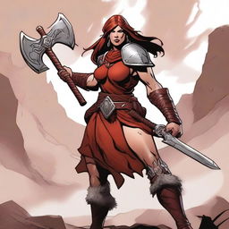 A female character from Dungeons & Dragons, of the giant Goliath race, class barbarian, known as the Red Fury