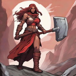 A female character from Dungeons & Dragons, of the giant Goliath race, class barbarian, known as the Red Fury