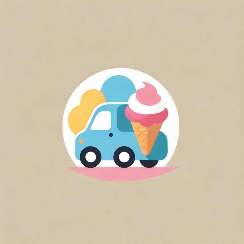 A playful and colorful logo featuring a stylized ice cream cone and truck, invoking a sense of fun and sweetness