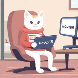 A cute cat is sitting on a gaming chair, playing on a computer