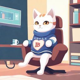 A cute cat is sitting on a gaming chair, playing on a computer