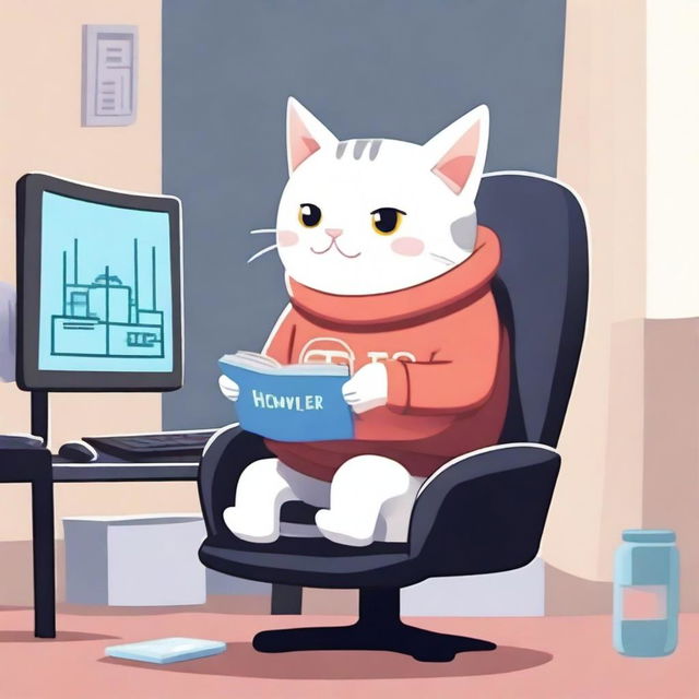 A cute cat is sitting on a gaming chair, playing on a computer