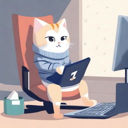 A cute cat is sitting on a gaming chair, playing on a computer