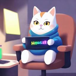 A cute cat is sitting on a gaming chair, playing on a computer with RGB lighting