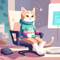 A cute cat is sitting on a gaming chair, playing on a computer with RGB lighting