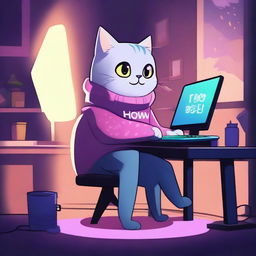 A cute cat is sitting at a desk at night with only RGB lighting illuminating the scene