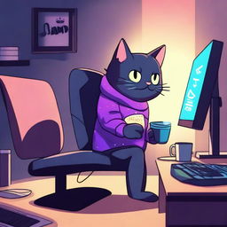 A cute cat is sitting at a desk at night with only RGB lighting illuminating the scene