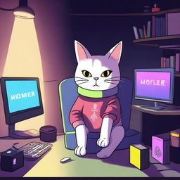 A cute cat is sitting at a desk at night with only RGB lighting illuminating the scene