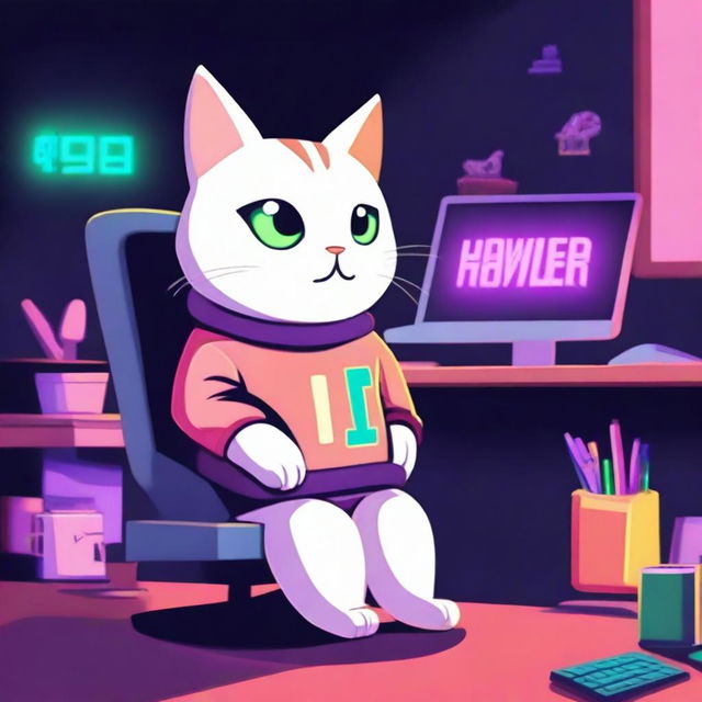 A cute cat is sitting at a desk at night with only RGB lighting illuminating the scene