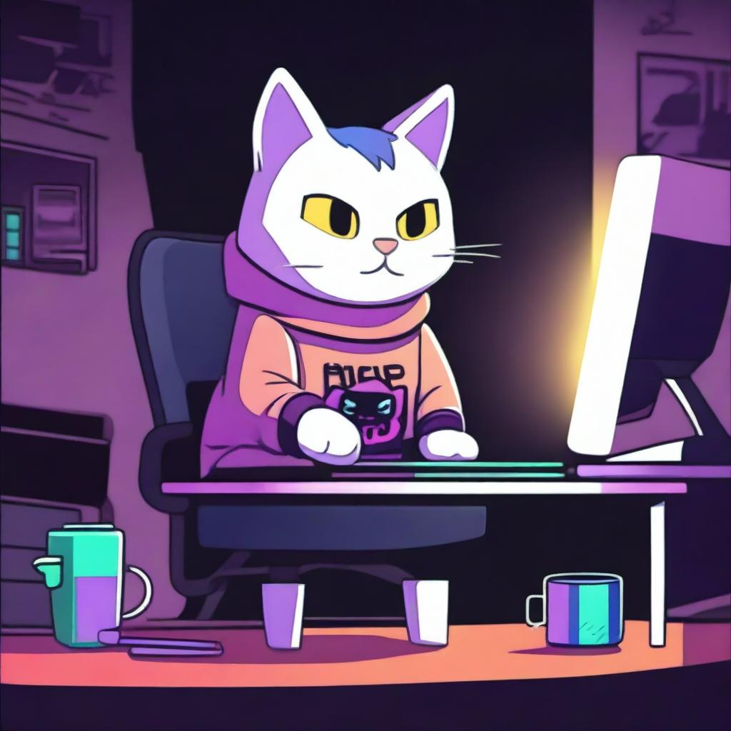 A cute cat is sitting at a desk at night with only RGB lighting illuminating the scene