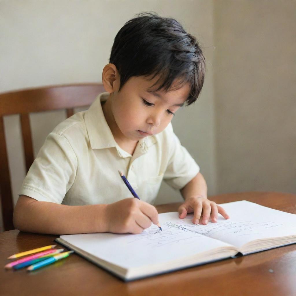 A handsome young boy of Japanese descent, sketching in a notebook with pencils scattered around him